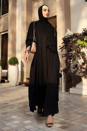Georgette Abaya with Embroidered Wool Chiffon Scarf