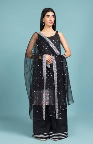 PRINTED & EMBELLISHED 3 PCS UNSTITCHED SUIT WITH DYED & EMBROIDERED POLY NET DUPATTA